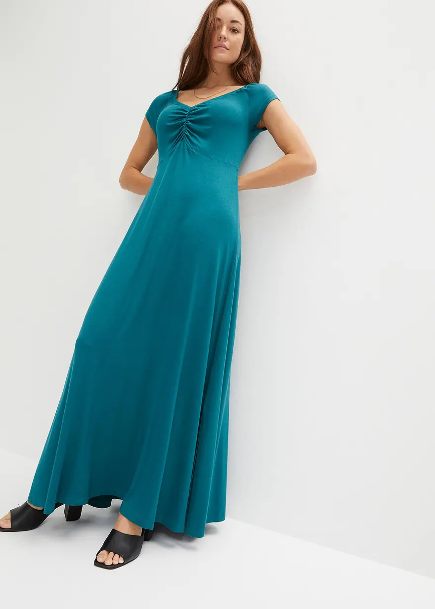 Bonprix Modernes Langes Kleid Mit Raffung Am Dekoleté - Petrol