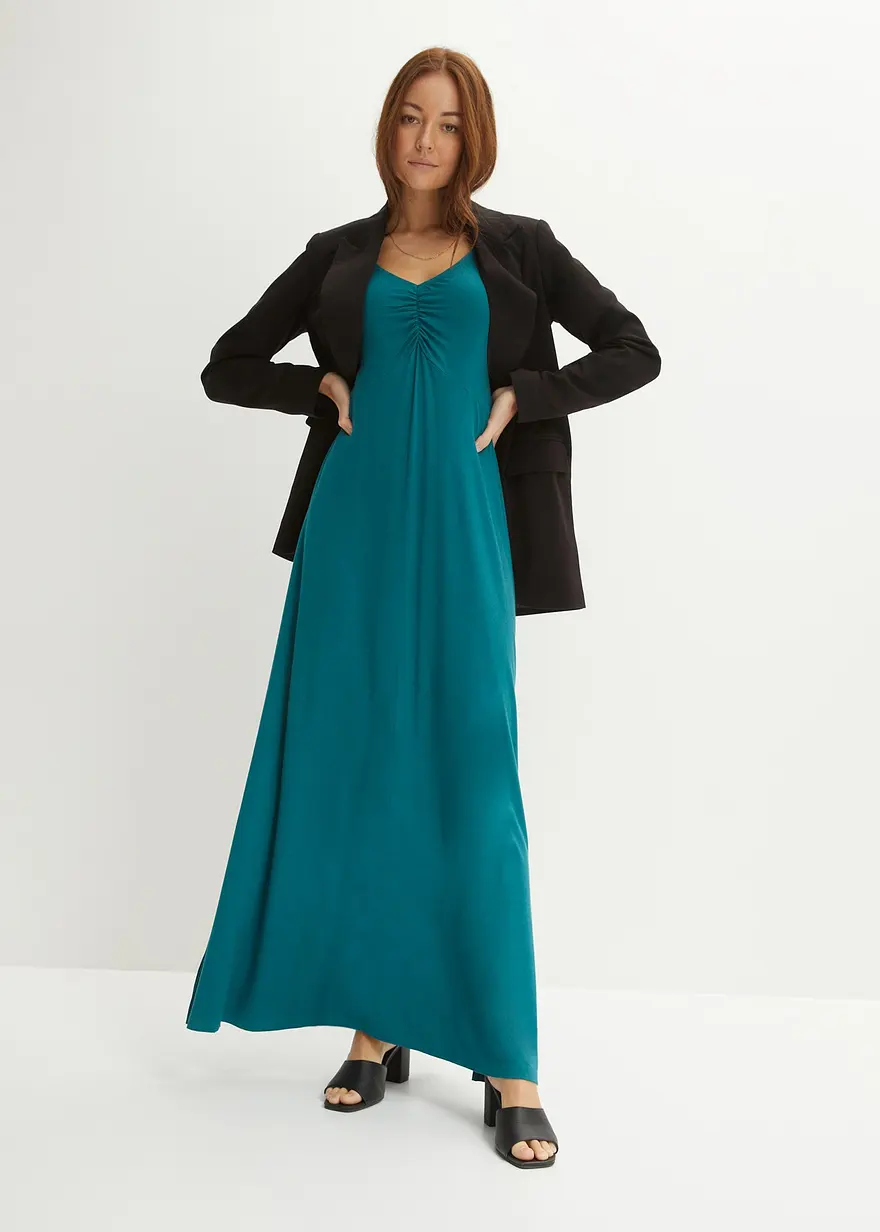 Bonprix Modernes Langes Kleid Mit Raffung Am Dekoleté - Petrol