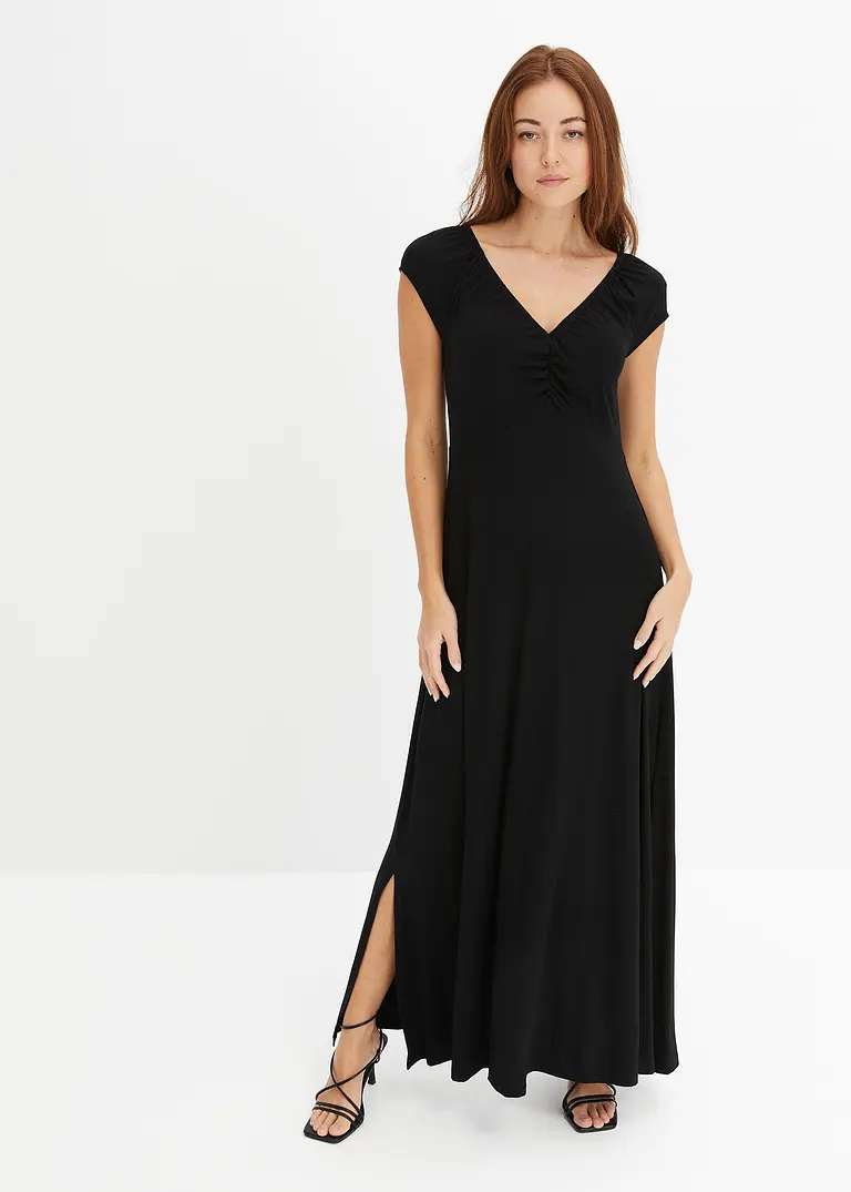 Bonprix Modernes Langes Kleid Mit Raffung Am Dekoleté - Schwarz