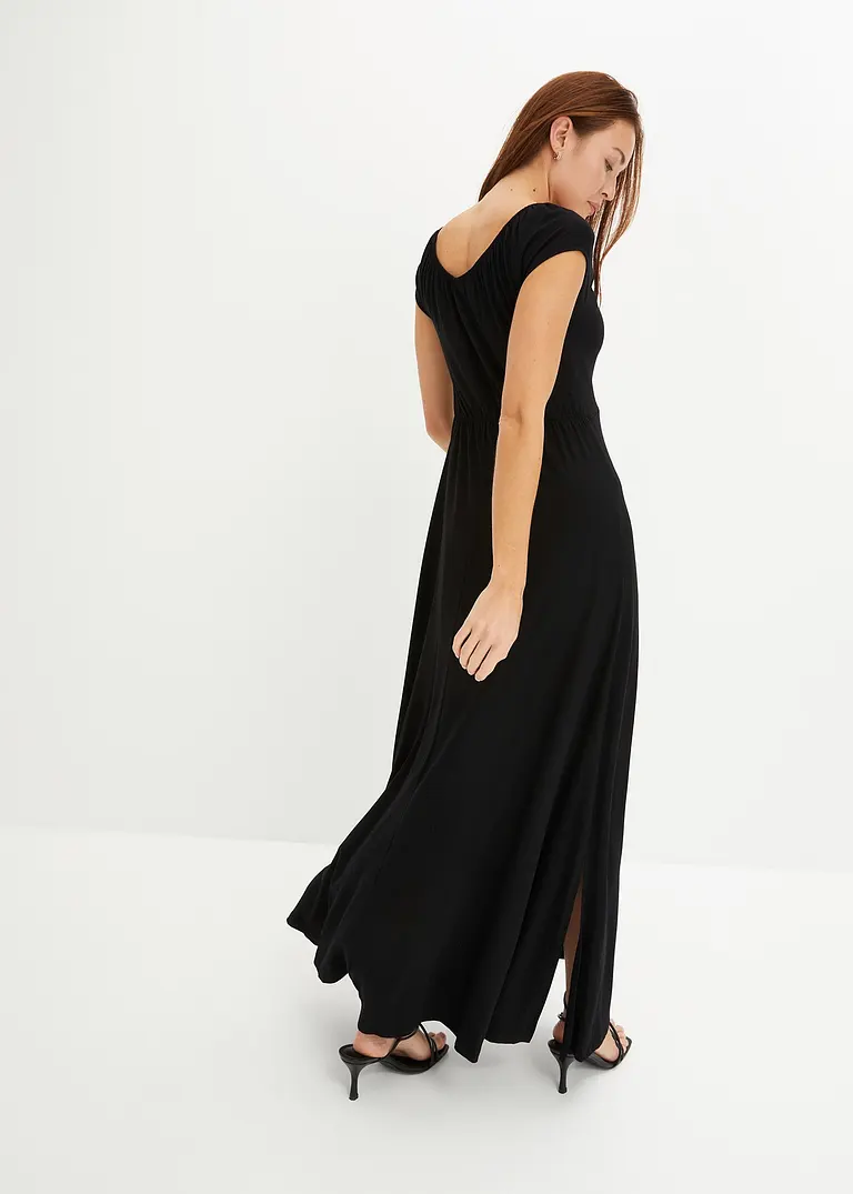 Bonprix Modernes Langes Kleid Mit Raffung Am Dekoleté - Schwarz