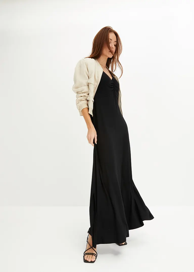 Bonprix Modernes Langes Kleid Mit Raffung Am Dekoleté - Schwarz