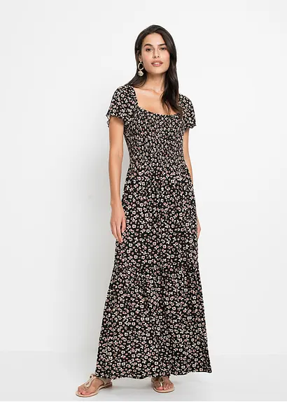 Bonprix Modernes Langes Kleid Mit Smok - Schwarz Petite