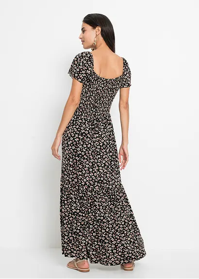 Bonprix Modernes Langes Kleid Mit Smok - Schwarz Petite