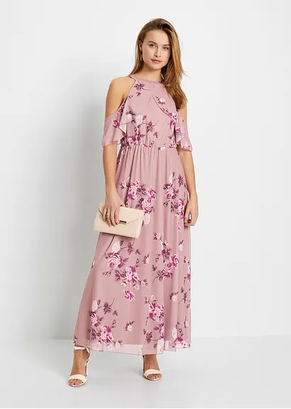 Bonprix Modernes Langes Kleid Mit Volant Und Schönem Druck - Rosa - Damen