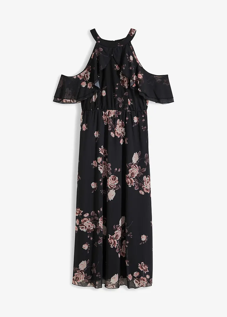bonprix Modernes langes Kleid mit Volant und schönem Druck - schwarz