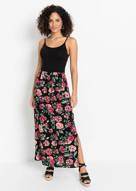 Bonprix Modernes Maxikleid Mit Bedrucktem Rockteil - Schwarz Regular