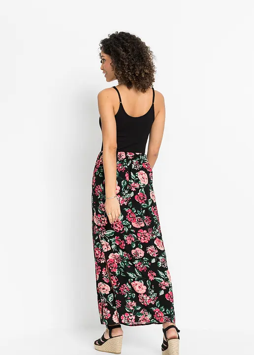 Bonprix Modernes Maxikleid Mit Bedrucktem Rockteil - Schwarz Regular