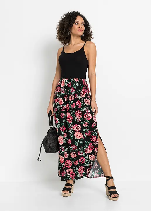 Bonprix Modernes Maxikleid Mit Bedrucktem Rockteil - Schwarz Regular