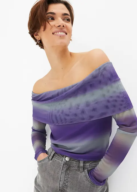 Bonprix Modernes Off-Shoulder-Shirt Aus Mesh Mit Druck - Lila