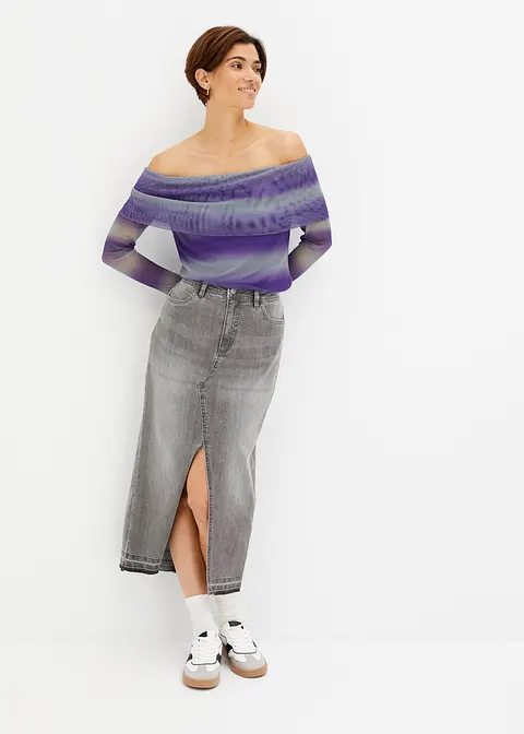 Bonprix Modernes Off-Shoulder-Shirt Aus Mesh Mit Druck - Lila
