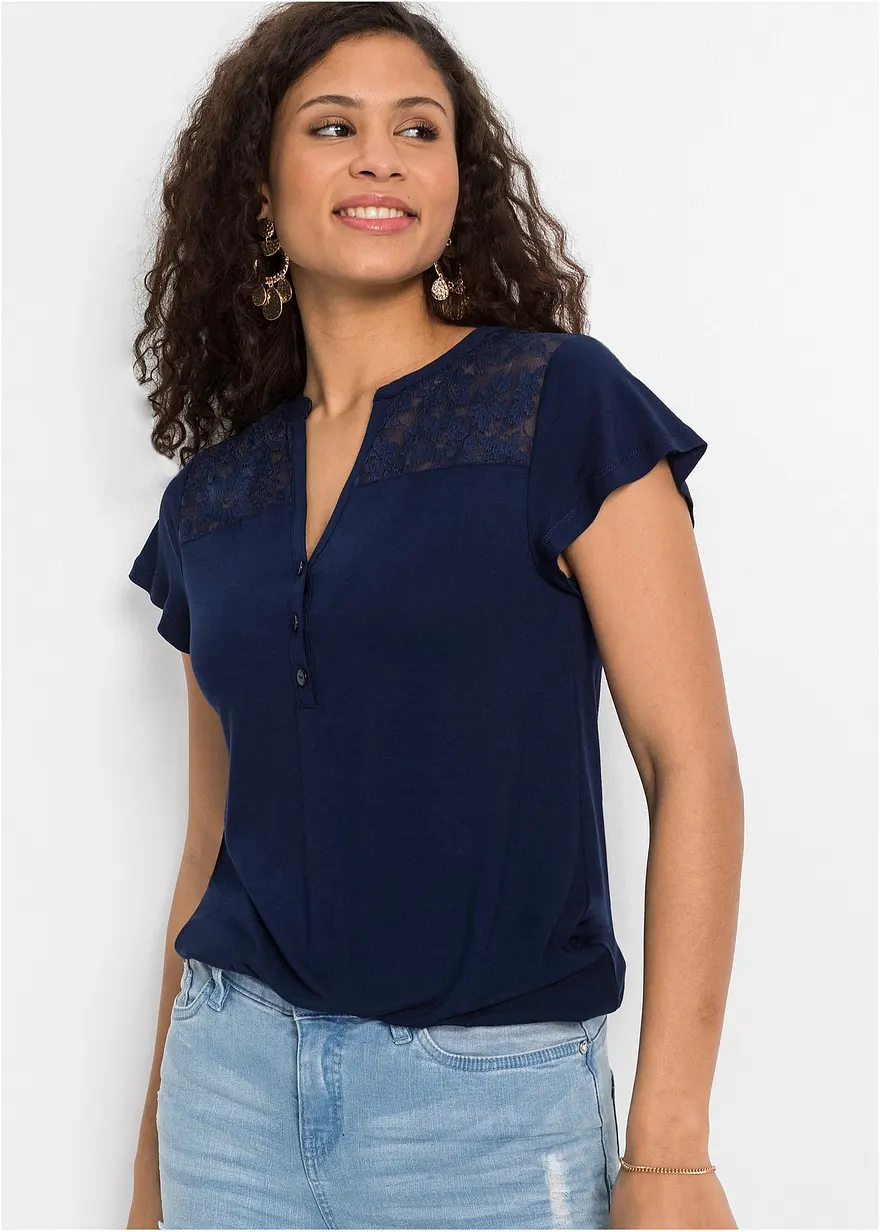 Bonprix Modernes Shirt Mit Hochwertiger Spitze - Blau - Damen