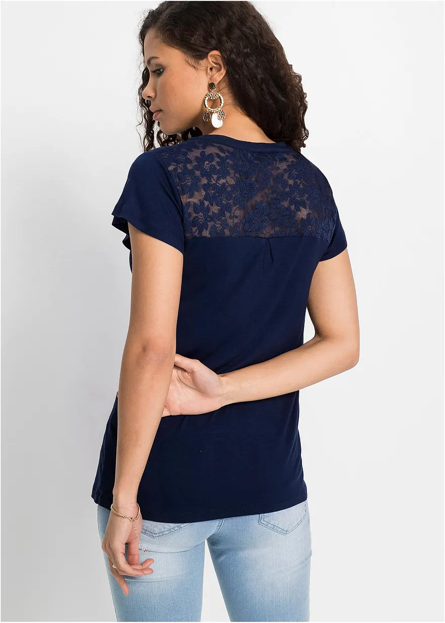 Bonprix Modernes Shirt Mit Hochwertiger Spitze - Blau - Damen