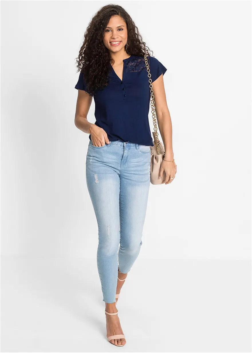 Bonprix Modernes Shirt Mit Hochwertiger Spitze - Blau - Damen