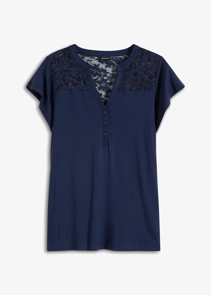 bonprix Modernes Shirt mit hochwertiger Spitze - blau - Damen