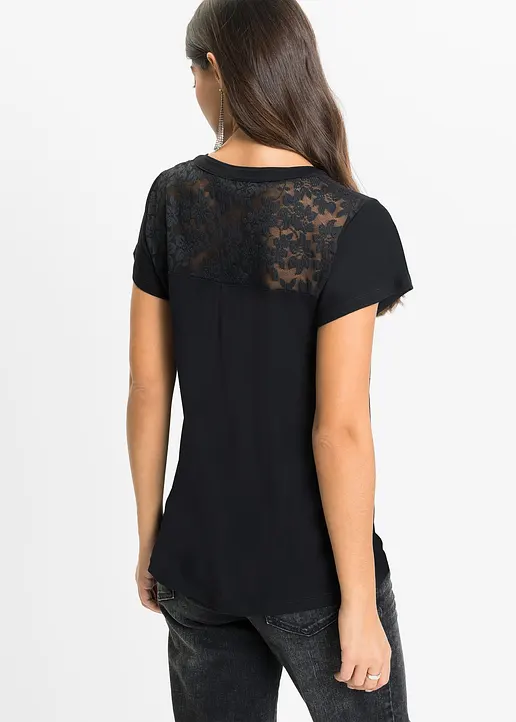 Bonprix Modernes Shirt Mit Hochwertiger Spitze - Schwarz