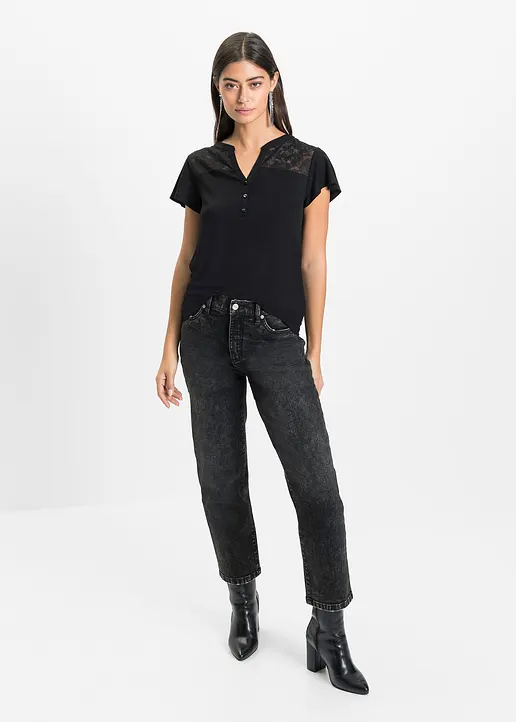 Bonprix Modernes Shirt Mit Hochwertiger Spitze - Schwarz