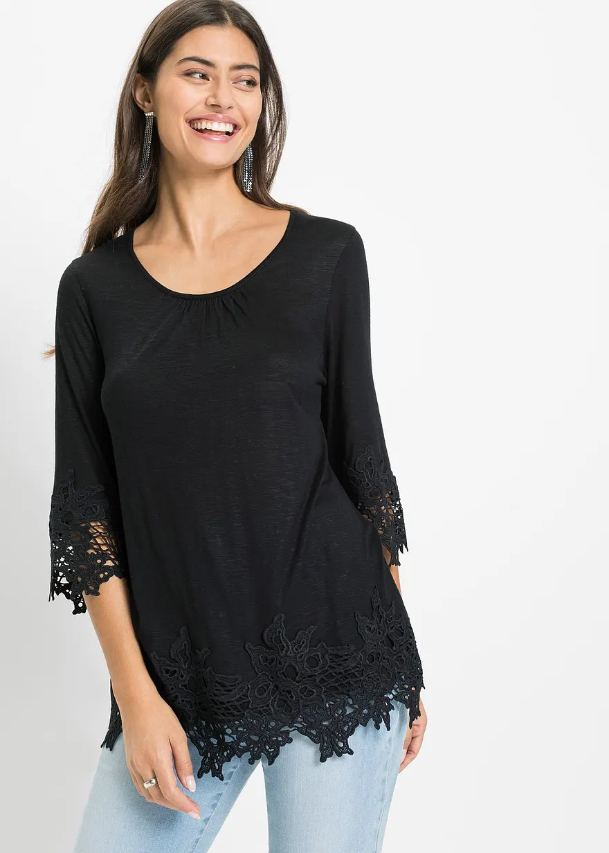 Bonprix Modernes Shirt Mit Hochwertiger Spitze - Schwarz