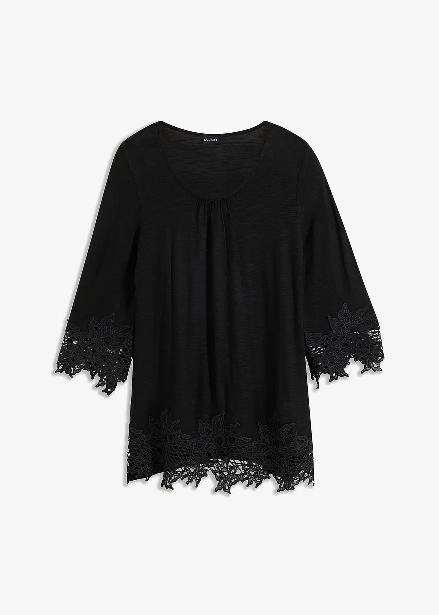 bonprix Modernes Shirt mit hochwertiger Spitze - schwarz