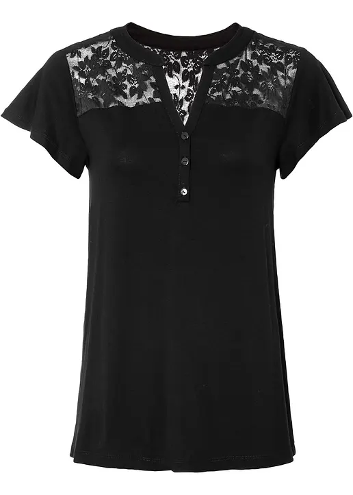 bonprix Modernes Shirt mit hochwertiger Spitze - schwarz