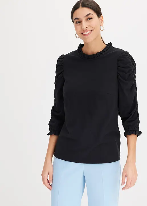 Bonprix Modernes Shirt Mit Raffung An Den Ärmeln - Schwarz