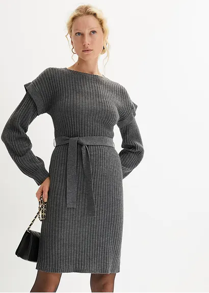 Bonprix Modernes Strickkleid Mit Ballon Ärmeln - Grau - Damen