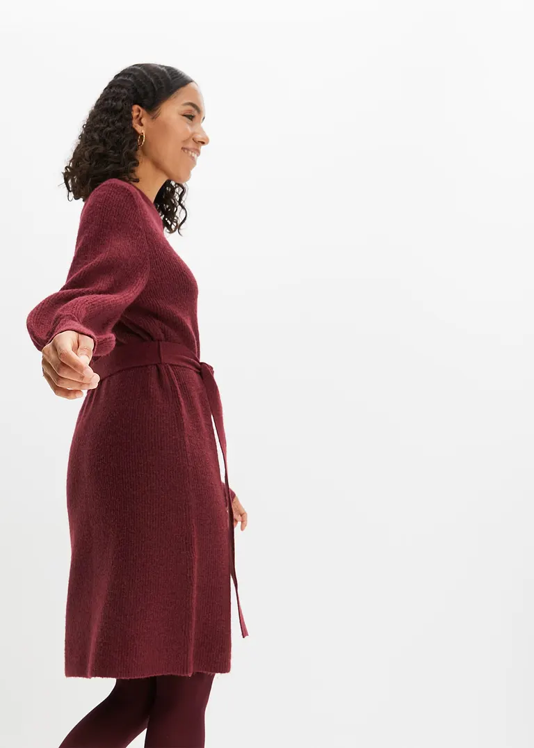 Bonprix Modernes Strickkleid Mit Ballonärmeln Und Bindeband - Rot - Damen