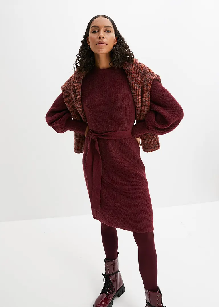 Bonprix Modernes Strickkleid Mit Ballonärmeln Und Bindeband - Rot - Damen