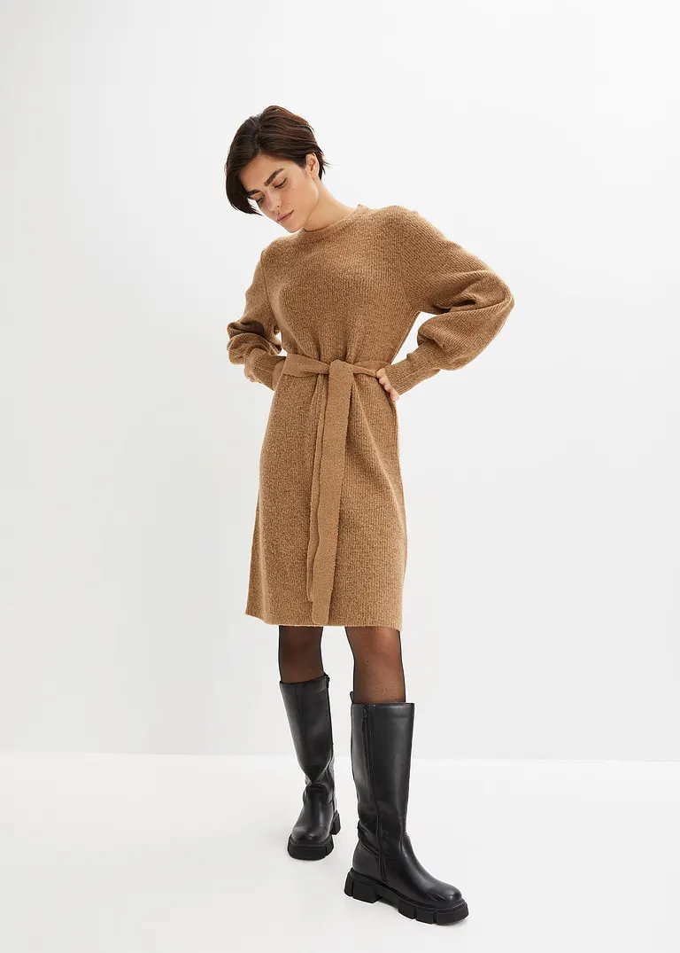Bonprix Modernes Strickkleid Mit Ballonärmeln Und Bindeband - Braun