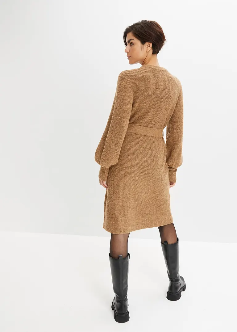 Bonprix Modernes Strickkleid Mit Ballonärmeln Und Bindeband - Braun