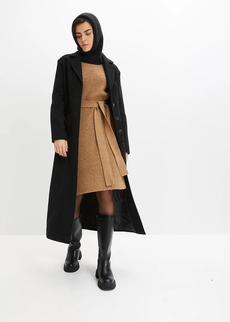 Bonprix Modernes Strickkleid Mit Ballonärmeln Und Bindeband - Braun