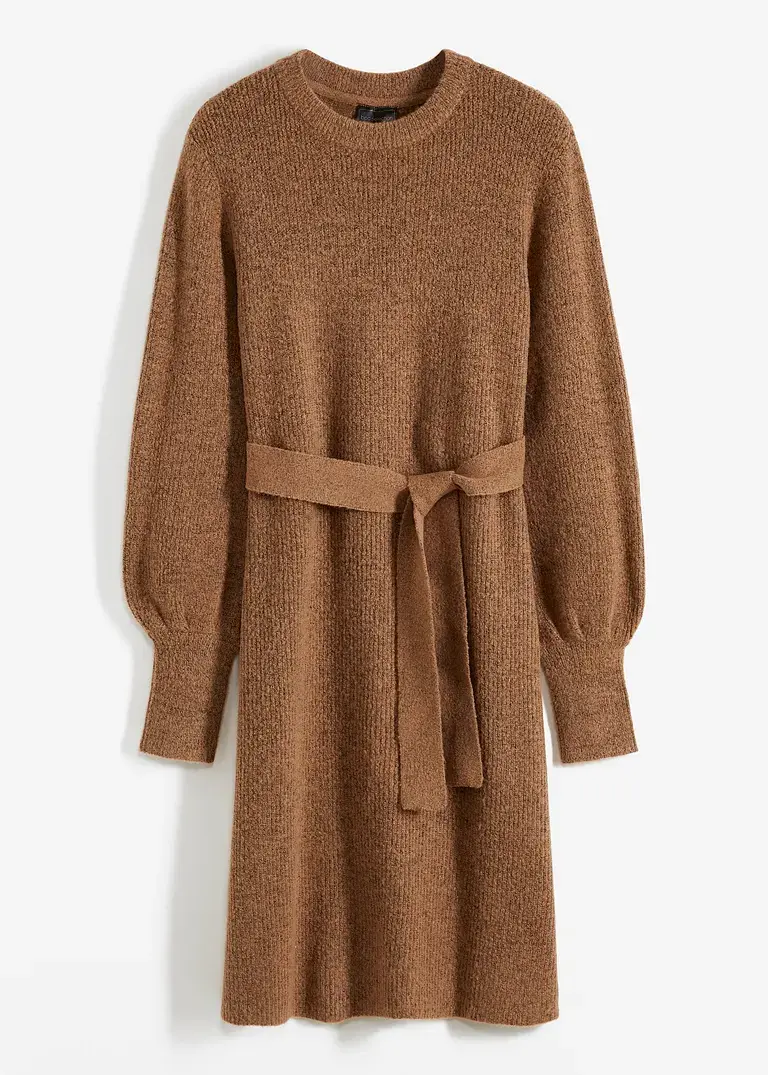 bonprix Modernes Strickkleid mit Ballonärmeln und Bindeband - braun