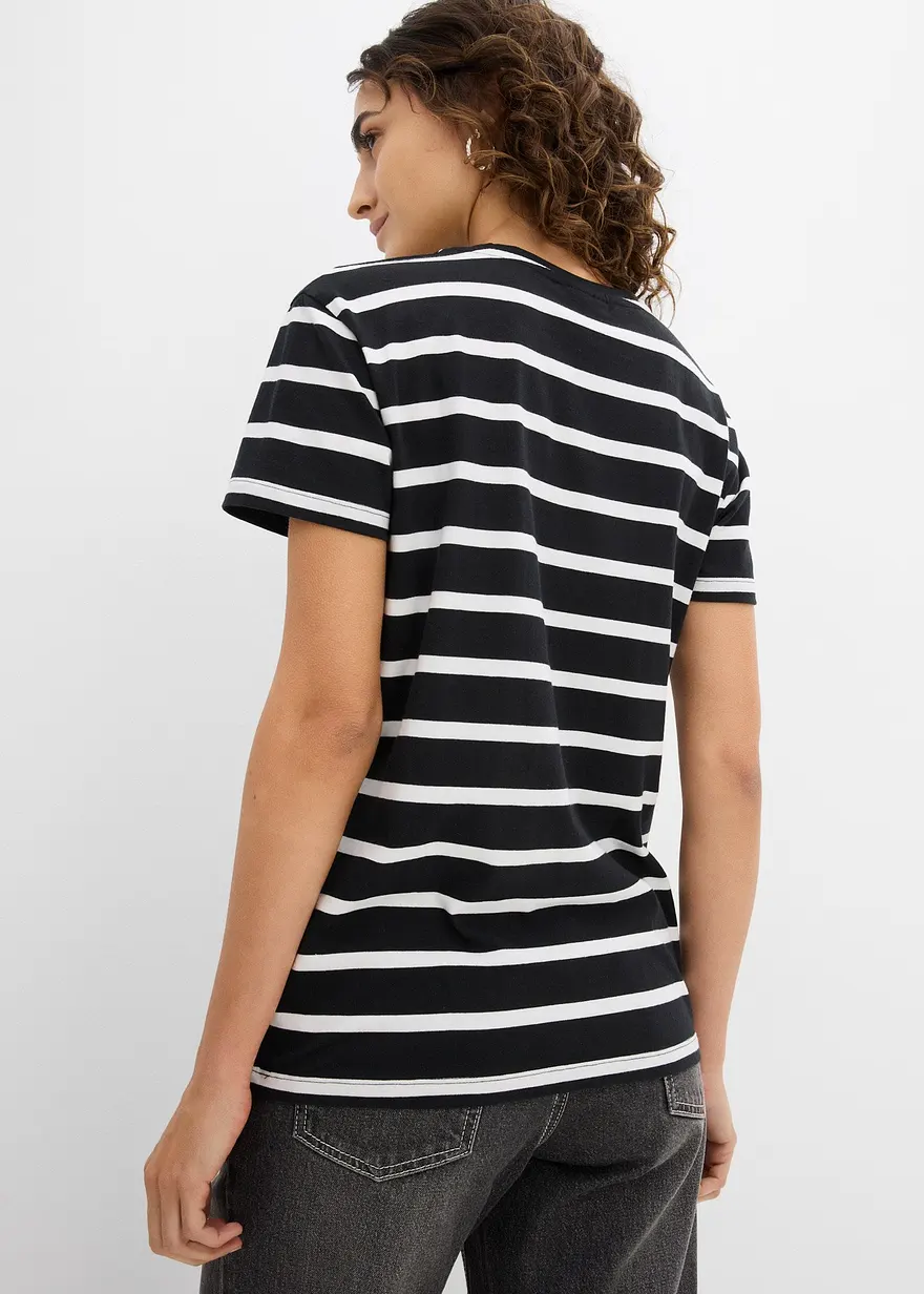 Bonprix Modernes T-Shirt Aus Bio-Baumwolle - Schwarz/wollweiß Gestreift