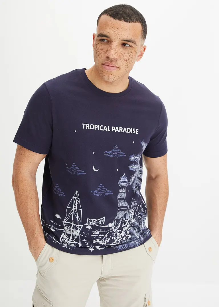 Bonprix Modernes T-Shirt Mit Rundhalsausschnitt Und Druck - Blau - Herren