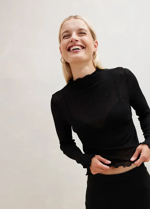 Bonprix Modernes Transparentes Langarmshirt - Schwarz - Damen