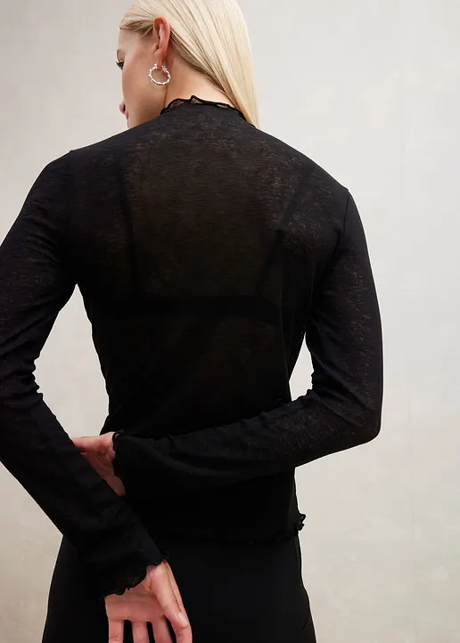 Bonprix Modernes Transparentes Langarmshirt - Schwarz - Damen