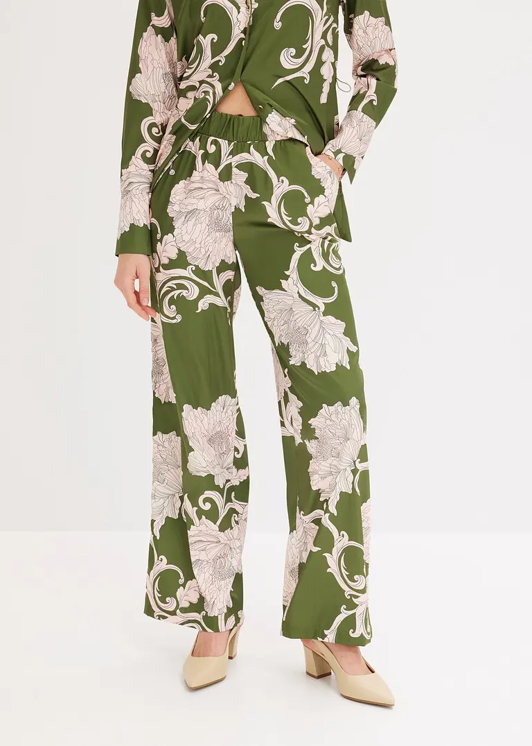 Bonprix Modisch Bedruckte Palazzo-Hose Aus Fließendem Satin Mit Weitem Bein