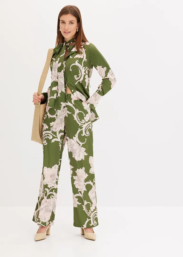 Bonprix Modisch Bedruckte Palazzo-Hose Aus Fließendem Satin Mit Weitem Bein