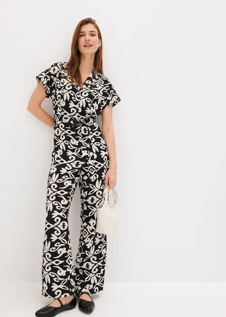 Bonprix Modisch Bedruckter Jumpsuit Mit Weitem Bein. - Schwarz