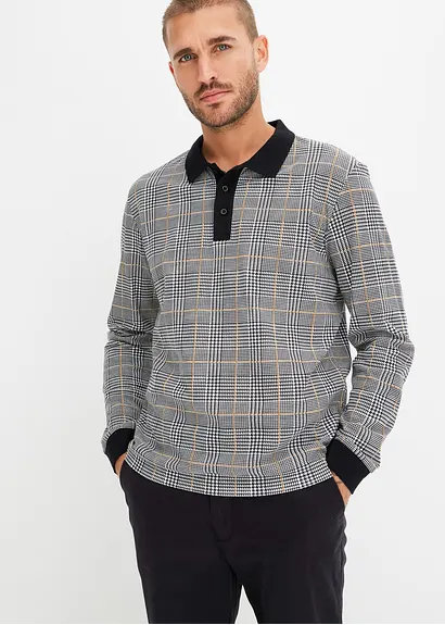 Bonprix Modisch Bedrucktes Pololangarmshirt In Pikee - Schwarz