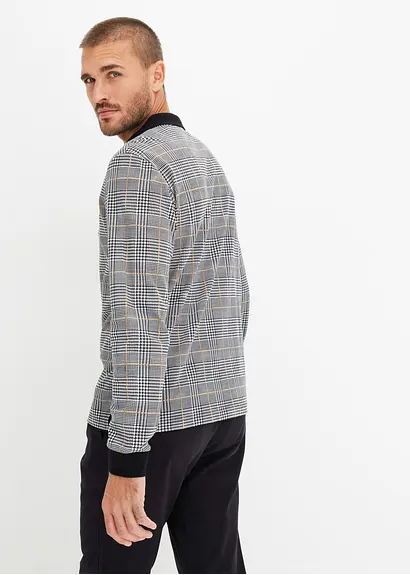 Bonprix Modisch Bedrucktes Pololangarmshirt In Pikee - Schwarz