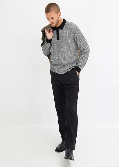 Bonprix Modisch Bedrucktes Pololangarmshirt In Pikee - Schwarz