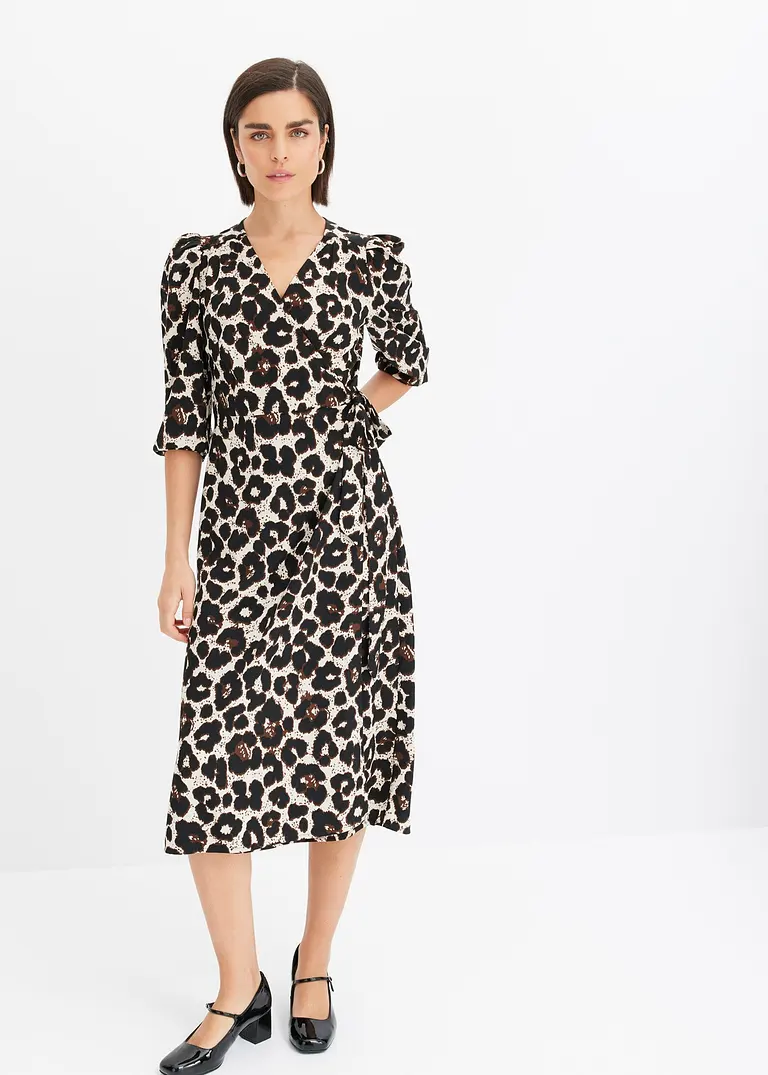 Bonprix Modisch Bedrucktes Wickelkleid In Midilänge - Beige