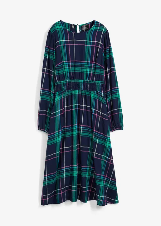 bonprix Modisch gesmocktes Flanellkleid mit seitlichen Taschen - blau