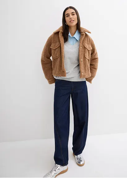 Bonprix Modisch Verkürzte Teddyfelljacke Mit Kragen Und Knopfleiste