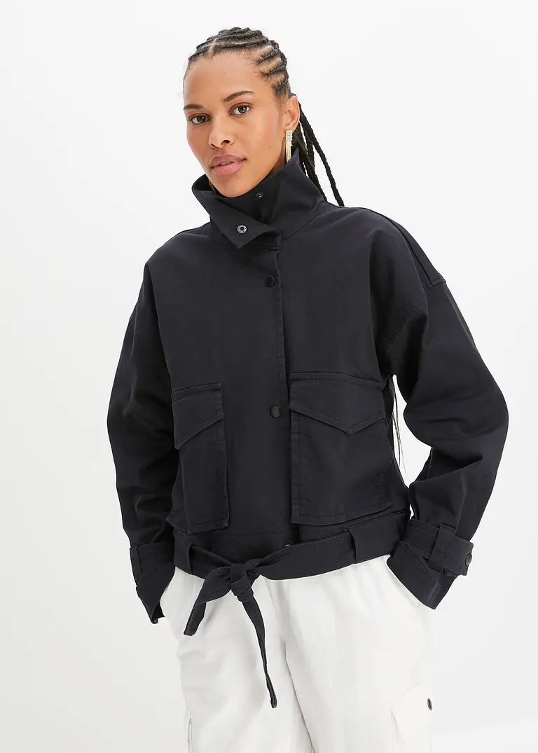 Bonprix Modisch Weite Twill-Jacke Mit Aufgesetzen Taschen - Schwarz