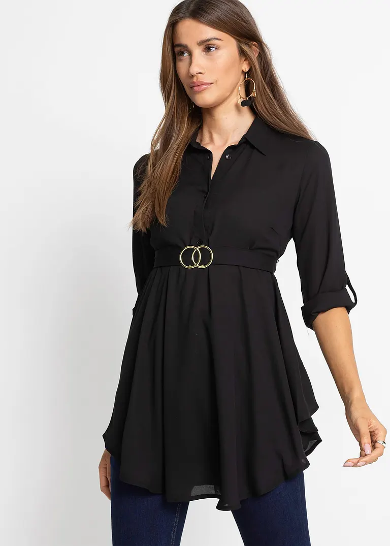 Bonprix Modische Bluse Im Long-Stil Mit Gürtel - Schwarz