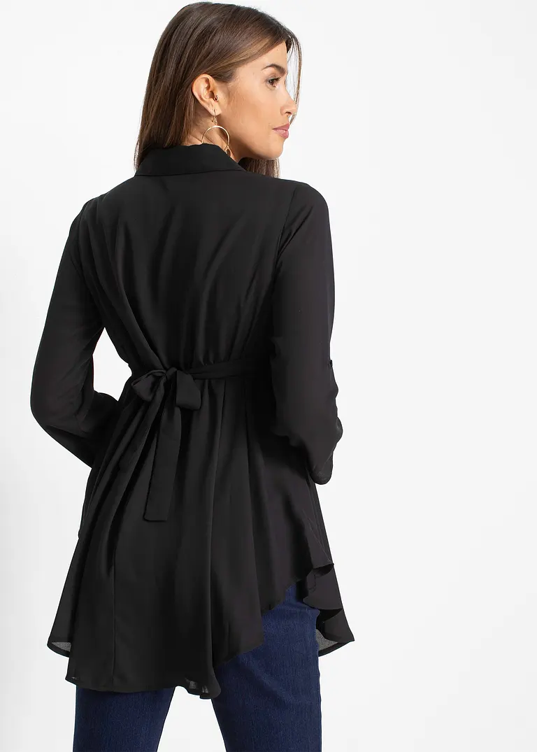 Bonprix Modische Bluse Im Long-Stil Mit Gürtel - Schwarz
