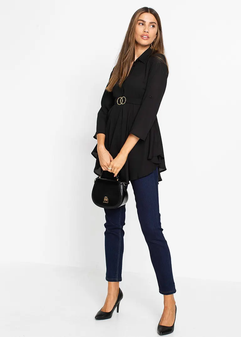 Bonprix Modische Bluse Im Long-Stil Mit Gürtel - Schwarz