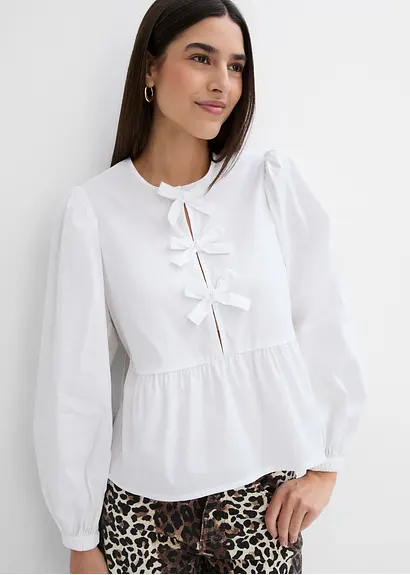 Bonprix Modische Bluse Mit Schleifendetails Und Langen Ärmeln - Weiß