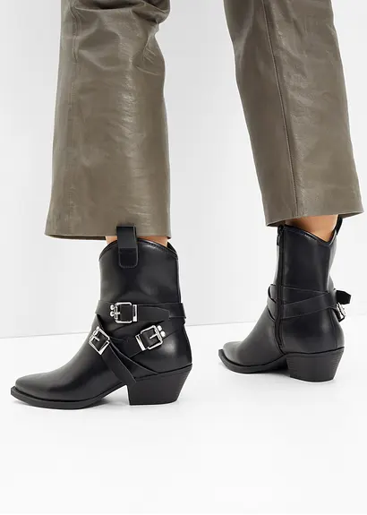 Bonprix Modische Cowboy Stiefelette Mit Dekorativen Schnallen - Schwarz